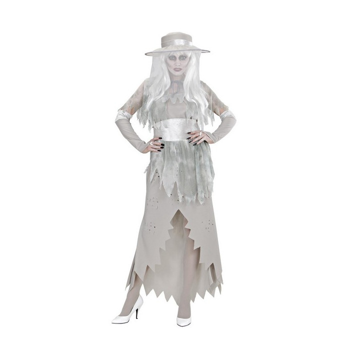 Kostüm Geister Lady: Kleid, Gürtel, Hut, Handschuhe, weiss