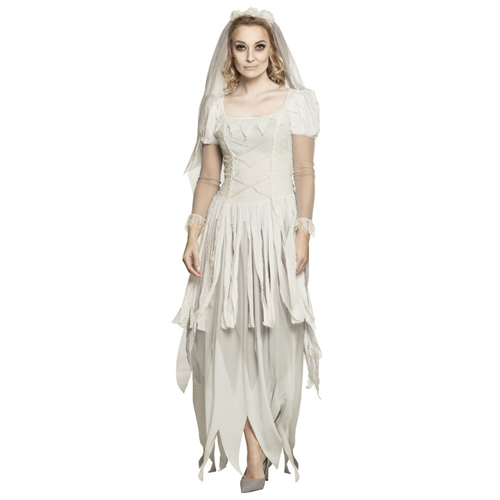 Kostüm Geisterbraut: Kleid, Haarreif mit Schleier, weiss