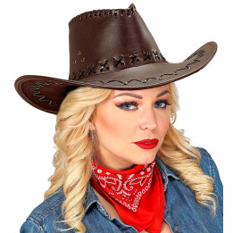 Leather look cowboy hat with decorative stitching, brown
