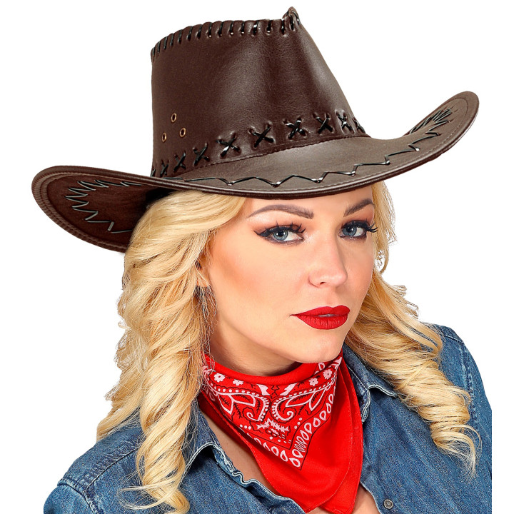 Chapeau de cowboy aspect cuir avec coutures décoratives, marron