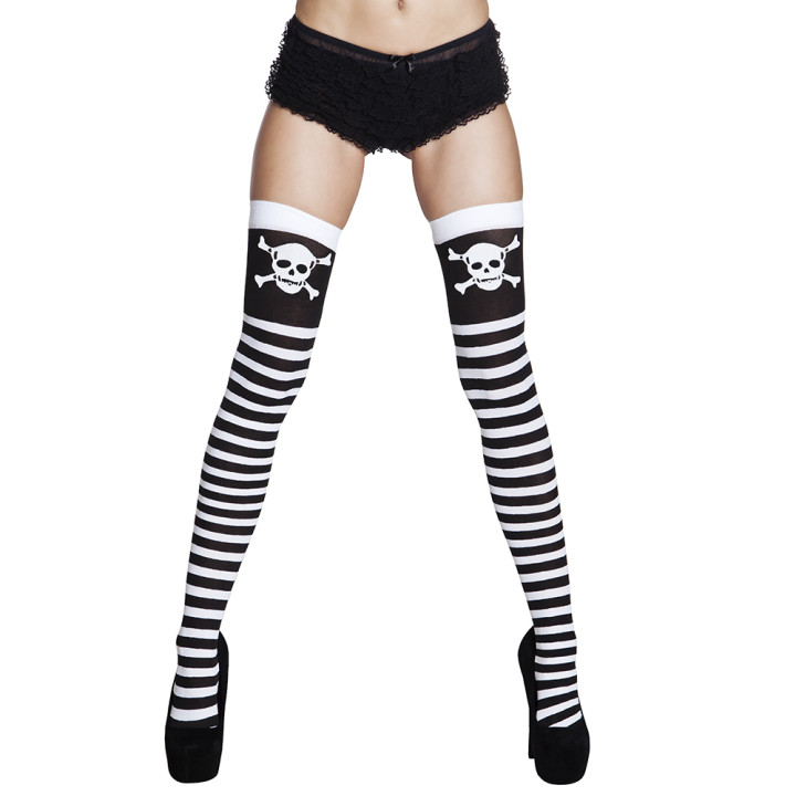 Bas autofixants pirate avec tête de mort, noir/blanc