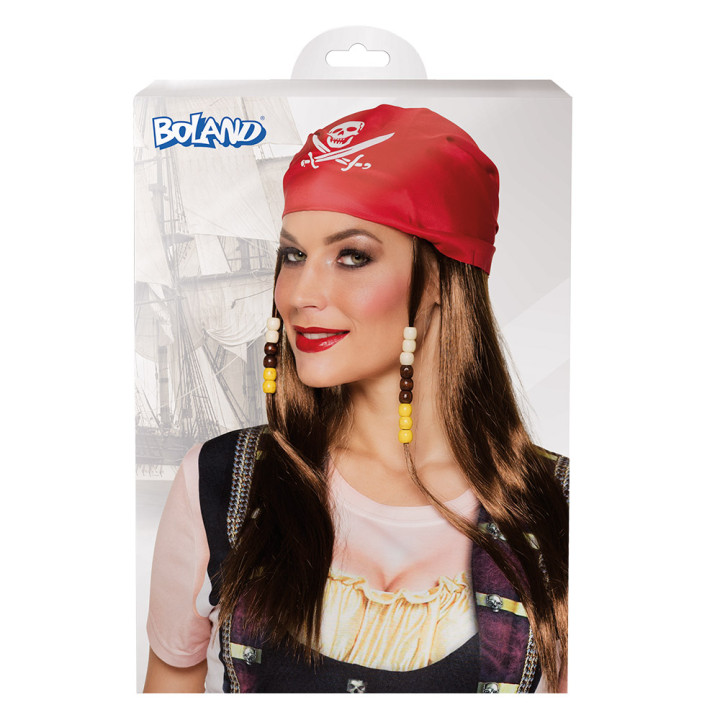 Perücke Piratin Mary mit Bandana und Perlen, braun