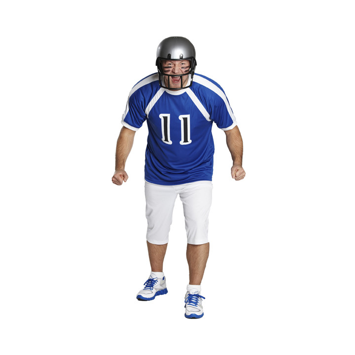 American football player: without helmet, blue